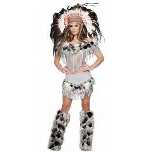 Roma Native American Lusty Indian Maiden w/ Fringe & Faux Fur Grey Costume 4582