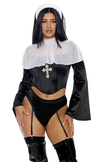 Sexy Forplay Best Behavior Nun Black Satin 4pc Costume 553130
