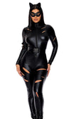 Sexy Forplay Distressed Feline Comic Book Black Jumpsuit Catwoman Costume 554865