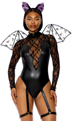 Sexy Forplay You A Battie Bat Black Vinyl & Lace Bodysuit 4pc Costume 554850