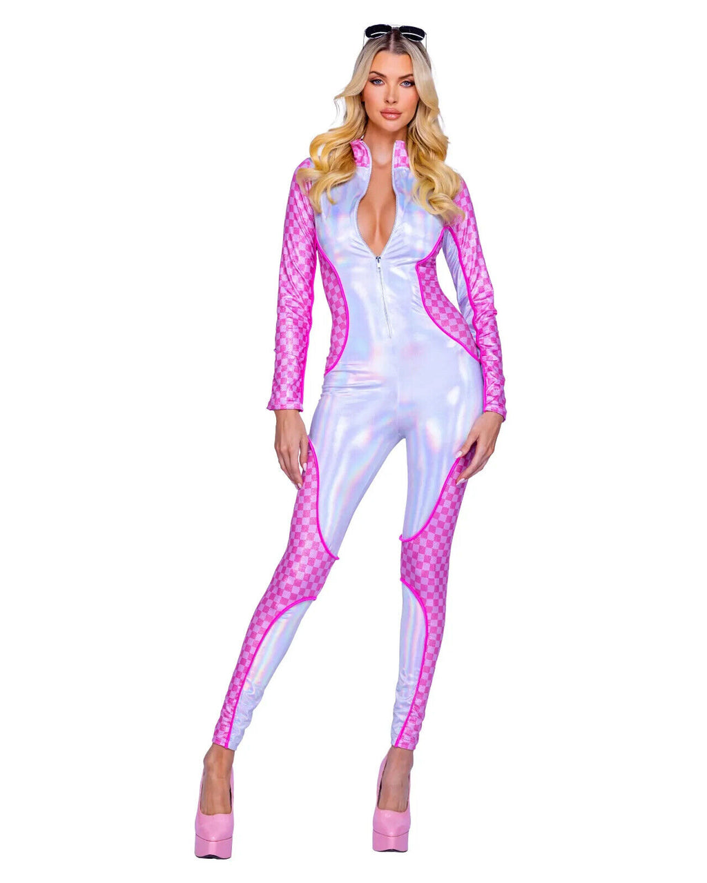 Roma Race Track Babe Silver & Pink Jumpsuit  Racer Driver Costume 6405