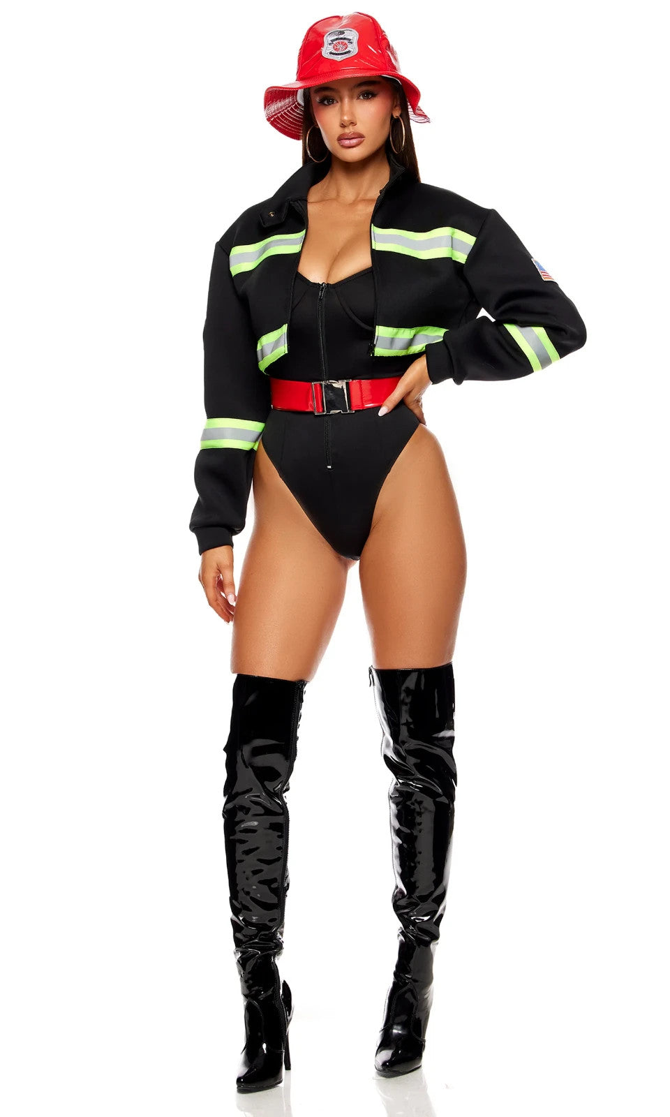 Sexy Forplay Fight My Fire Firefighter Bodysuit 3pc Black Costume 555338