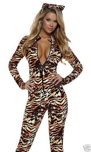 Sexy Seductive Stripes Tiger Print Catsuit Jumpsuit Costume 2pc 553719