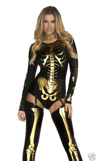 Sexy Forplay Skin & Bones Skeleton Bodysuit Black & Gold Costume 2pc