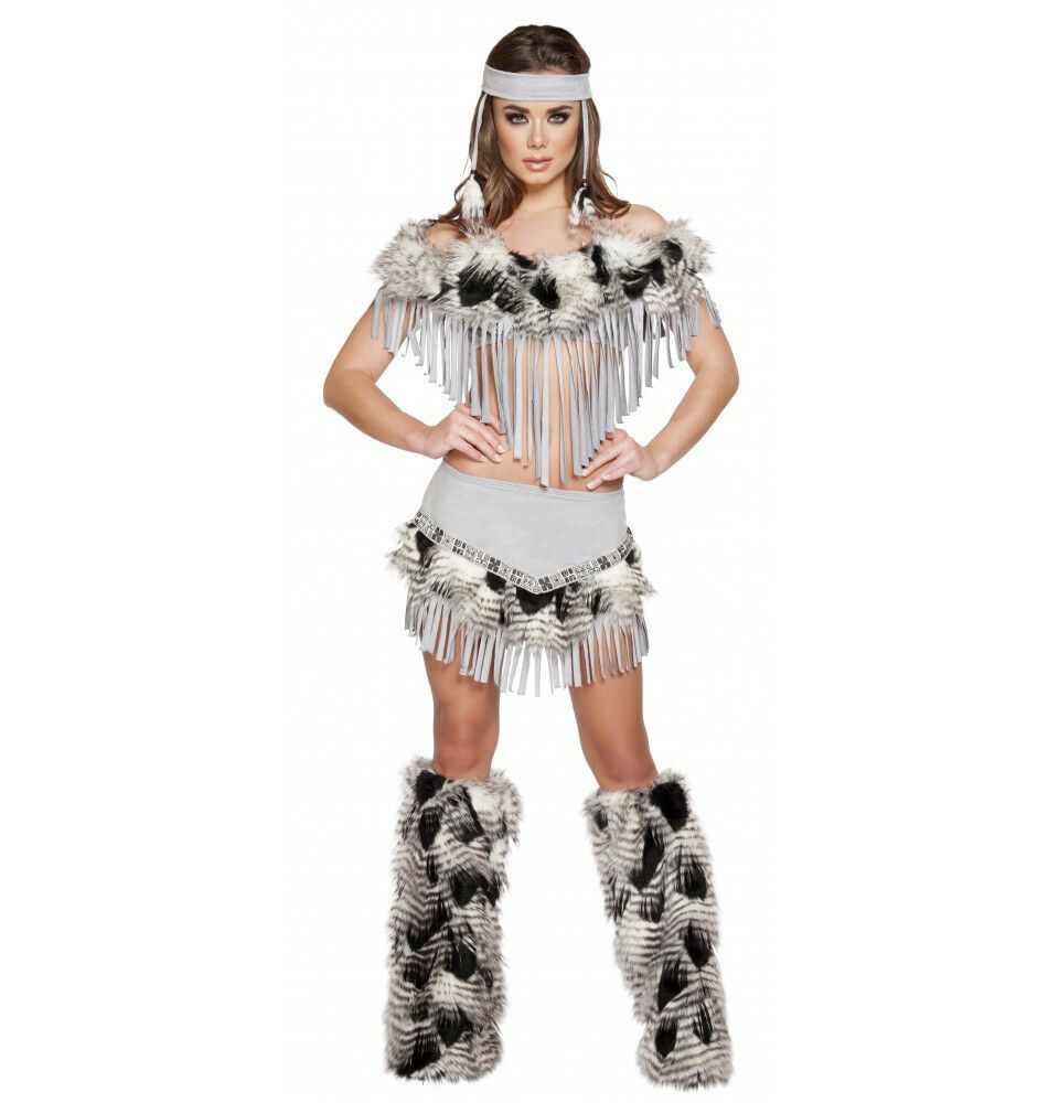 Roma Native American Lusty Indian Maiden w/ Fringe & Faux Fur Grey Costume 4582