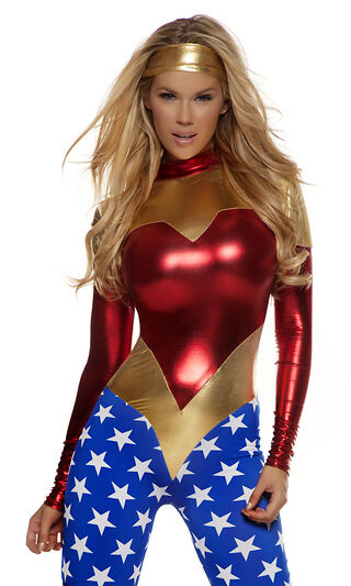 Forplay Star-Spangled Superhero Metallic Catsuit Jumpsuit Wonderwoman Costume