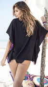 Mapale Draping Sleeve Sheer Black Tribal & Feather Print Swimsuit Cover Up 7837