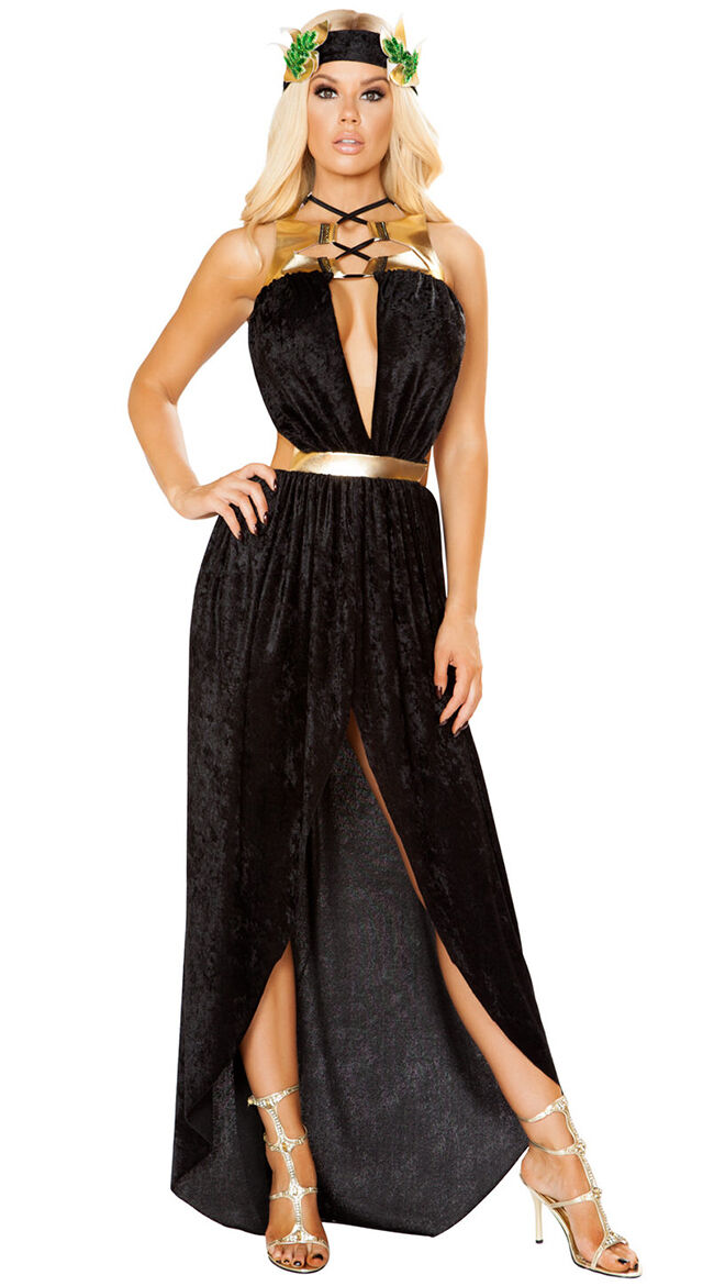 Roma Metallic Gold & Black Velvet Greek Goddess Dress 3pc Costume 10113