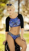 Mapale Blue Hibiscus Print Sporty Top & Thong Bottom Bikini Swimsuit 6912