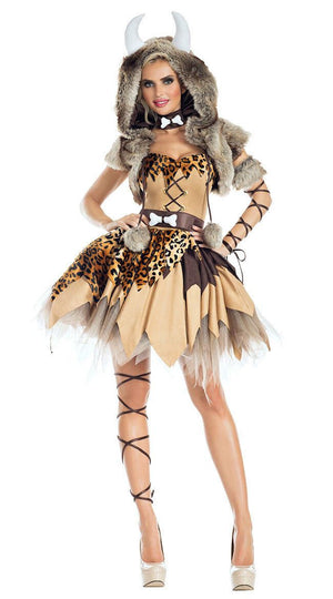 Party King Prehistoric Honey Cavewoman Dress w/ Hooded Faux Fur Costume PK914