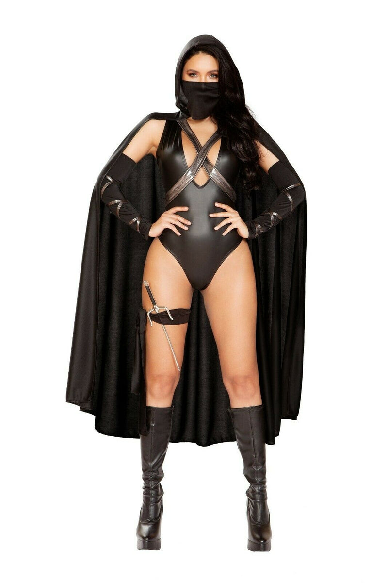 Roma Sexy Ninja Villain Warrior Black Romper w/ Cape 5pc Costume 4898