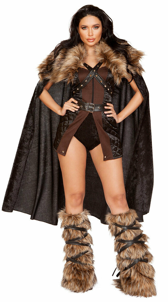 Roma Sexy Northern Warrior Deluxe 4pc Black & Brown w/ Faux Fur Costume 4896