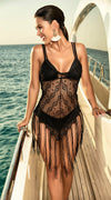 Mapale Black Fringe & Crochet Lace Beach Swimsuit Cover Up 7919