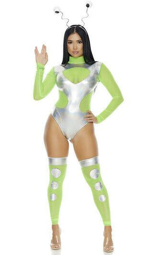 Sexy Forplay I Need Space Alien Green & Silver Bodysuit Costume 550340