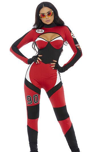 Sexy Forplay Green Light Race Car Driver Motocross Red Catsuit Costume 558782
