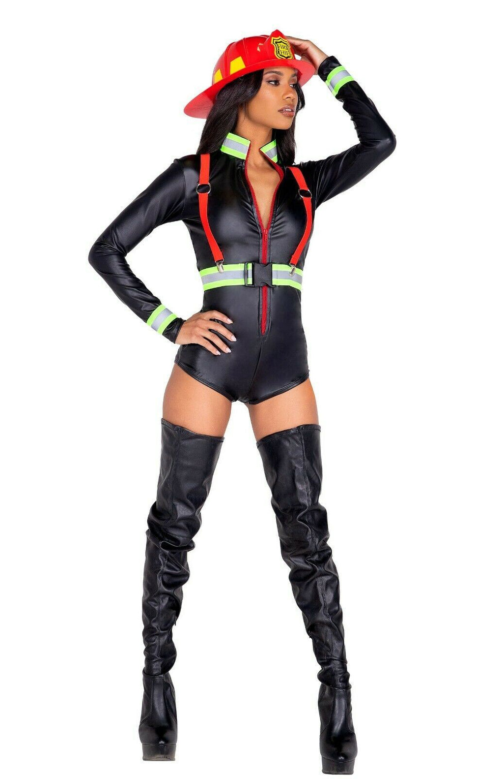 Roma Sexy Hot Fire Woman Black LS Zip-up Bodysuit Firefighter 3pc Costume 5020