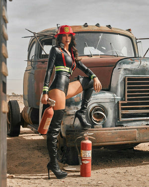 Roma Sexy Hot Fire Woman Black LS Zip-up Bodysuit Firefighter 3pc Costume 5020