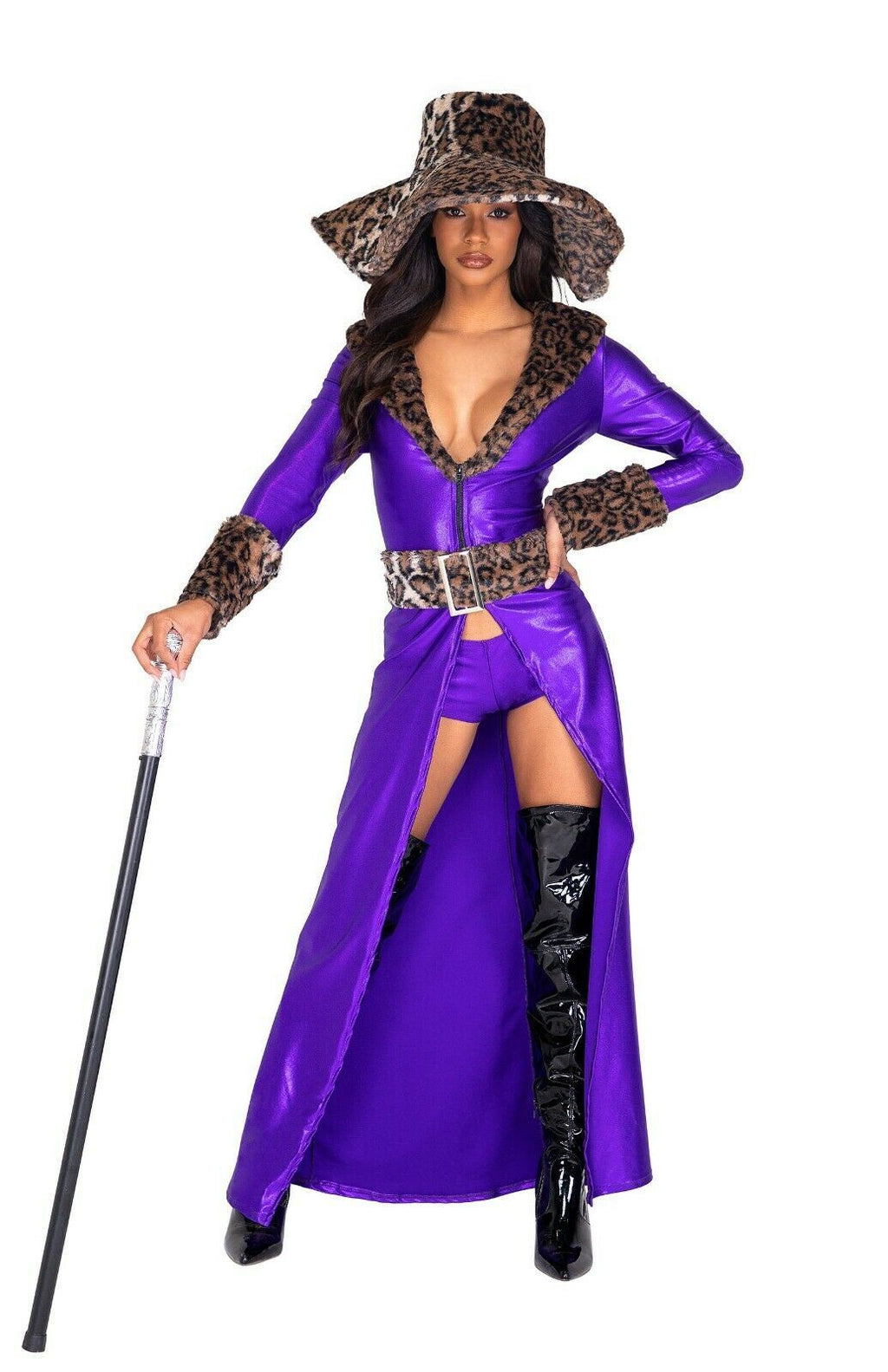 Roma Sexy Made Of Money Pimp Long Purple Coat w/ Faux Fur 4pc Costume 5037