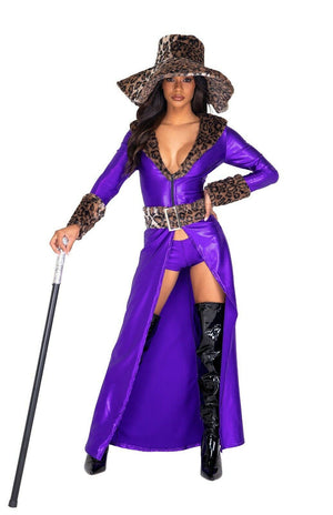 Roma Sexy Made Of Money Pimp Long Purple Coat w/ Faux Fur 4pc Costume 5037