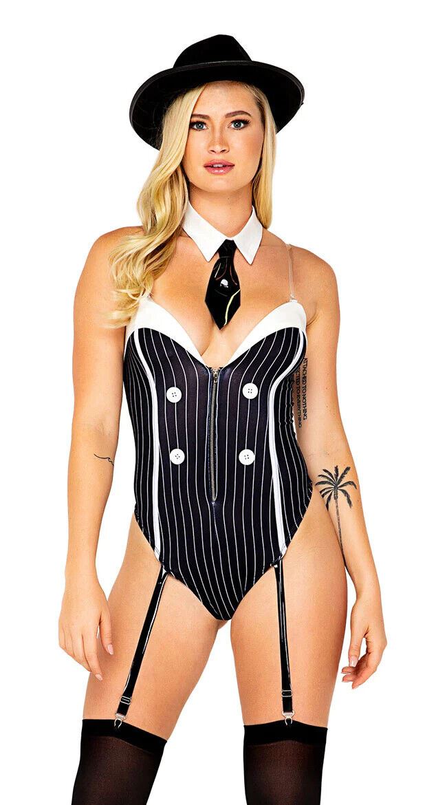 Roma Mafia Diva Black & White Pinstripe Bodysuit Costume 5095