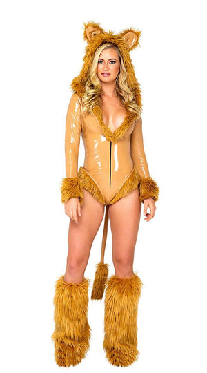 Roma Queen of the Jungle Hooded Vinyl Lion Bodysuit w/ Faux Fur Costume 5100