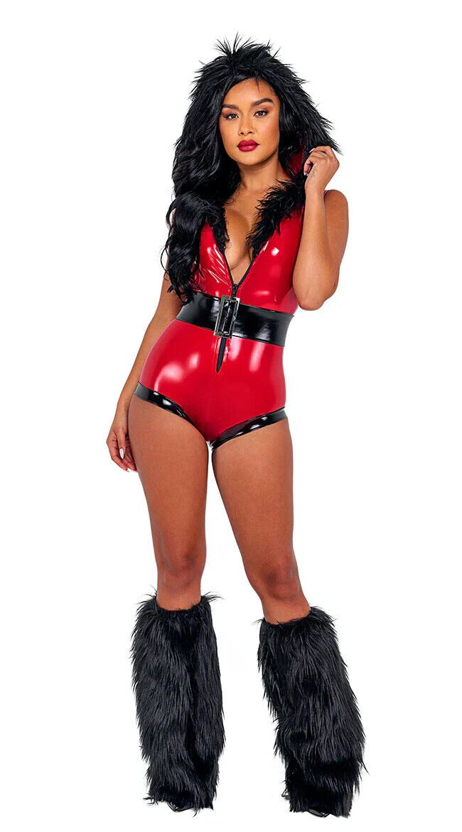 Roma Santa Honey Red Wetlook Hooded Bodysuit w/ Black Faux Fur 2pc Costume C200