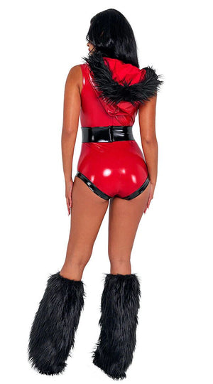 Roma Santa Honey Red Wetlook Hooded Bodysuit w/ Black Faux Fur 2pc Costume C200