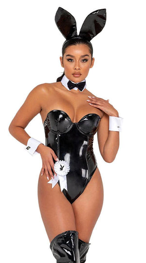 Roma Sexy Playboy Seductress Bunny Black Vinyl Corset Bodysuit Costume PB132