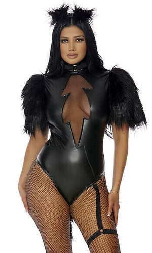 Sexy Forplay Nine Lives Black Cat Vinyl Bodysuit w/ Faux Fur Costume 552957