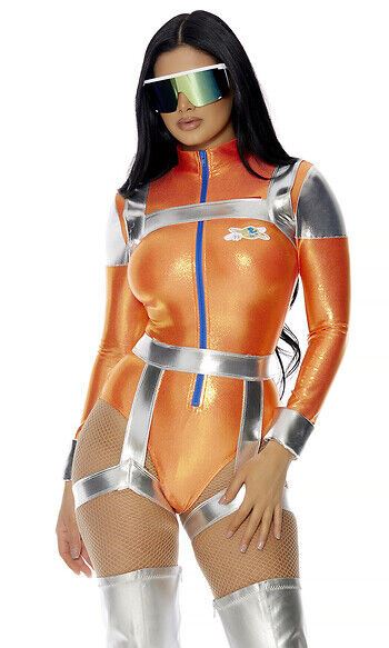 Sexy Forplay Space Out Astronaut Metallic Orange Bodysuit Costume 552972