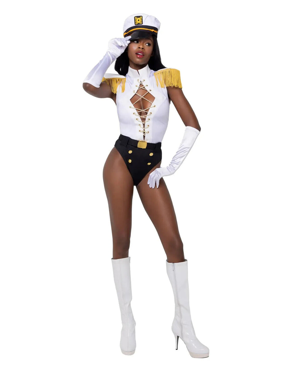 Roma Nautical Sailor Captain 3pc Black, Gold  & White Bodysuit Costume 6178