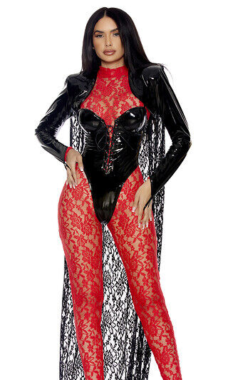 Sexy Forplay Bite Me Vampire Black & Red Lace & Vinyl Jumpsuit 3p Costume 553114