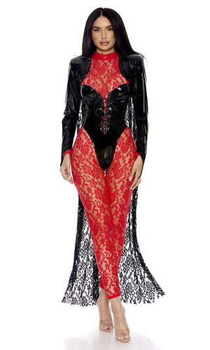 Sexy Forplay Bite Me Vampire Black & Red Lace & Vinyl Jumpsuit 3p Costume 553114