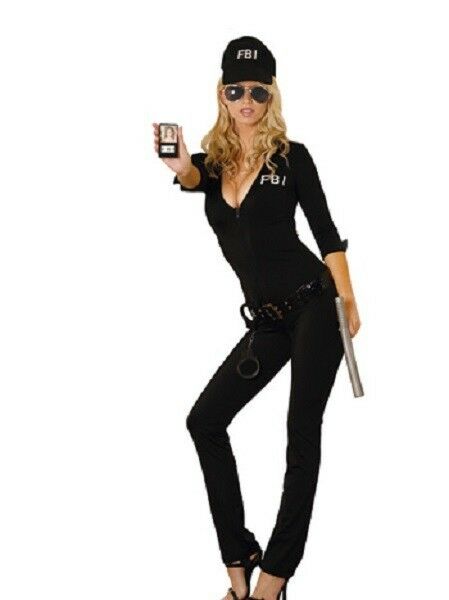 Sexy FBI Agent Police Cop Officer Black Jumpsuit Costume 7pc Set