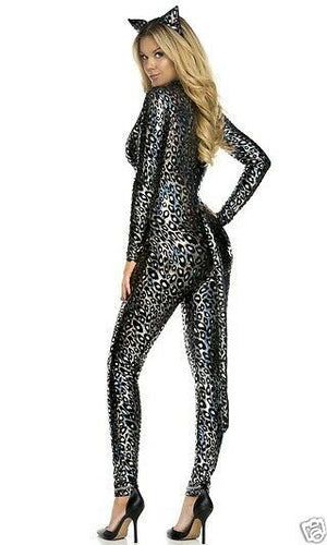 Sexy Forplay Lustrous Lynx Silver Metallic Leopard Catsuit Jumpsuit Costume 2pc