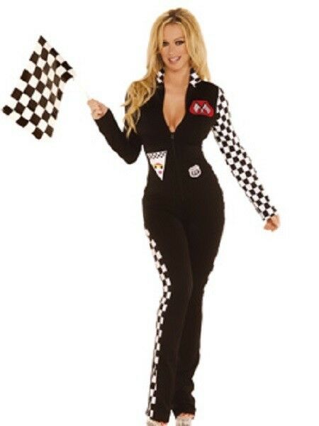 Sexy Race Car Driver Black & Checkered Jumpsuit Costume 2pc Elegant Moments 9446