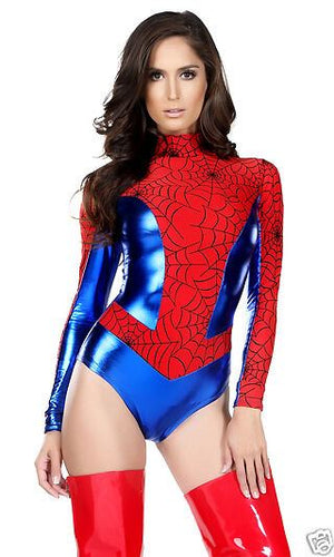 Forplay Sexy Sensible Seductress Spiderman Web Bodysuit Red & Blue Costume
