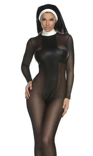Sexy Forplay Sinful Sister Nun Black Catsuit Costume 2pc 554632