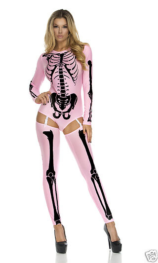 Sexy Forplay Bone Collector Skeleton Bodysuit Pink & Black Costume 2pc 554646