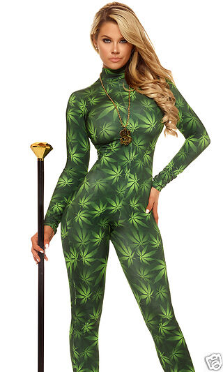 Sexy Forplay Way Up Marijuana Leave Print Catsuit Jumpsuit Costume