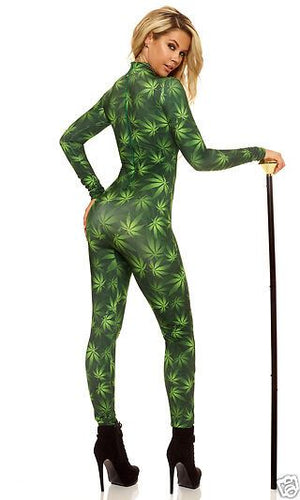Sexy Forplay Way Up Marijuana Leave Print Catsuit Jumpsuit Costume