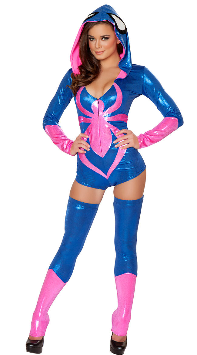 J Valentine Metallic Blue Pink Widow LS Hooded Romper Spider Costume CA108 SALE