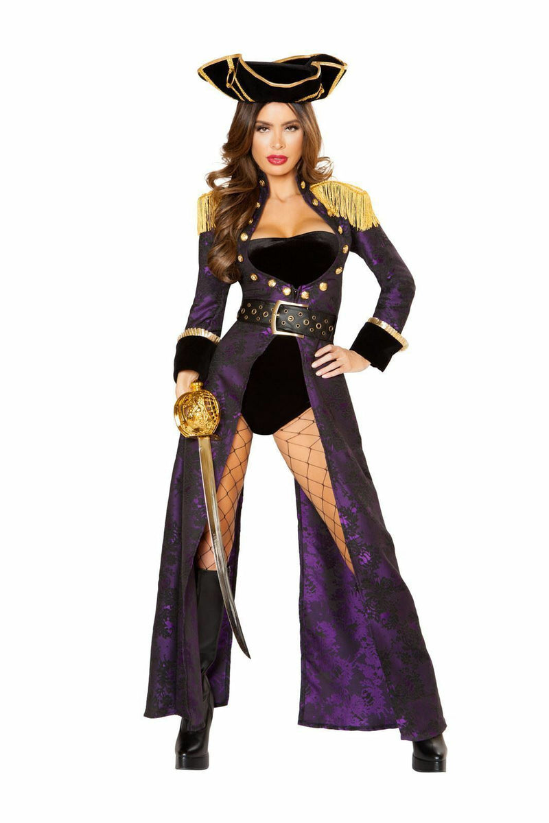 Roma Deluxe Pirate Queen Bodysuit w/ Long Coat 4pc Purple & Black Costume 10104