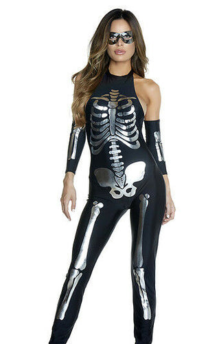 Forplay Opulent Outline Skeleton Black & Metallic Silver Halter Catsuit Costume