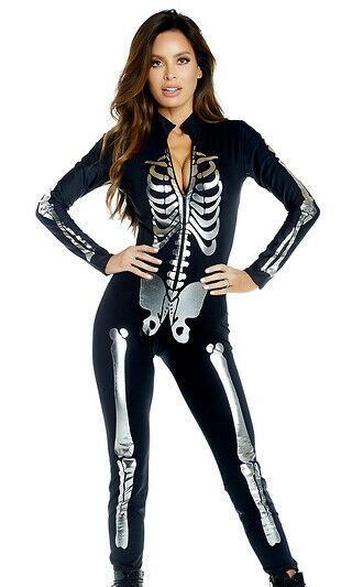 Forplay Open Up A Little Skeleton Black & Metallic Silver LS Catsuit Costume