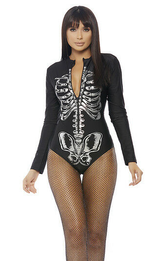 Forplay Jump Your Bones Skeleton Black LS Zip Front Bodysuit Costume