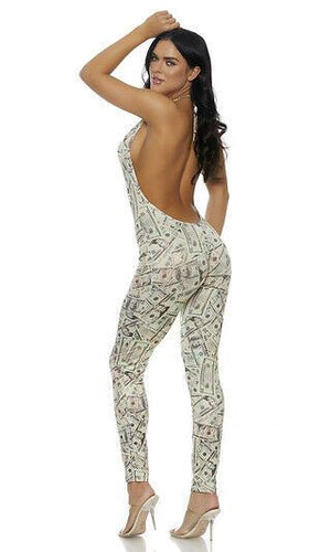 Forplay Sexy Zipfront Money Print Halter Catsuit Jumpsuit Costume 113504