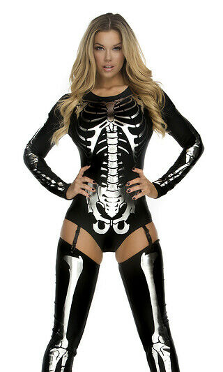 Sexy Forplay Snazzy Skeleton Bodysuit Black & Silver Costume 2pc