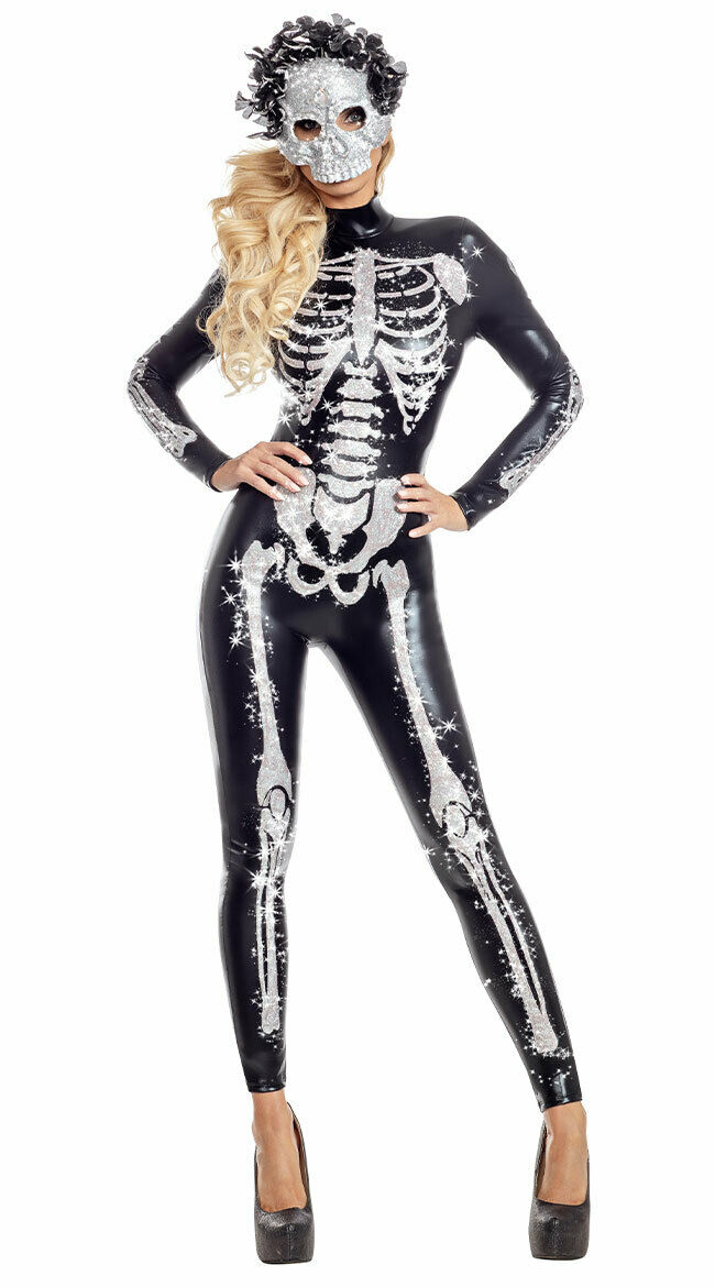 Party King Skeletal Cutie Black Wet Look Skeleton Catsuit Costume PK2048