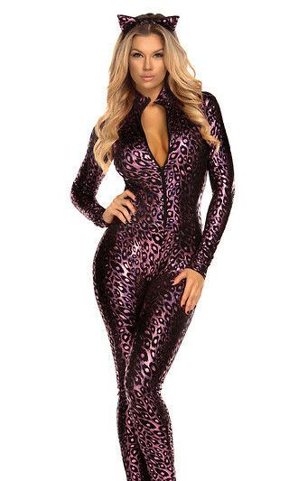 Sexy Forplay Fancy Feline Metallic Leopard Catsuit Jumpsuit Costume 2pc 554620